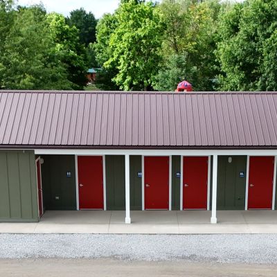 The exterior of the campground bath house